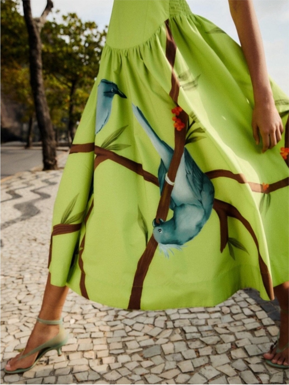 FARM Rio Lime Green Spaghetti Strap Maxi Dress with Blue Bird Print L NWT - Picture 5 of 16